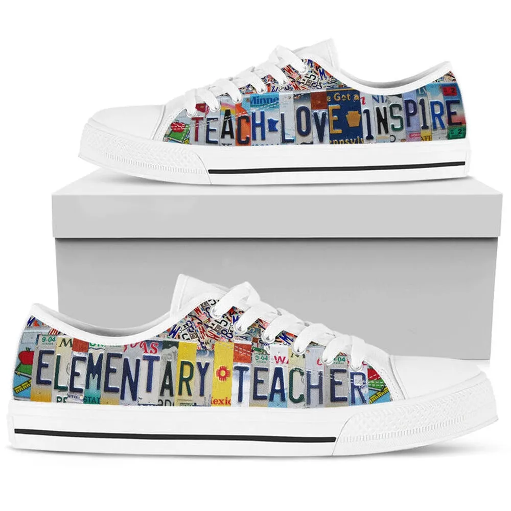 Elementary Teacher Inspire License Plates Low Top Shoes, Teacher Shoes, Low Top Sneakers