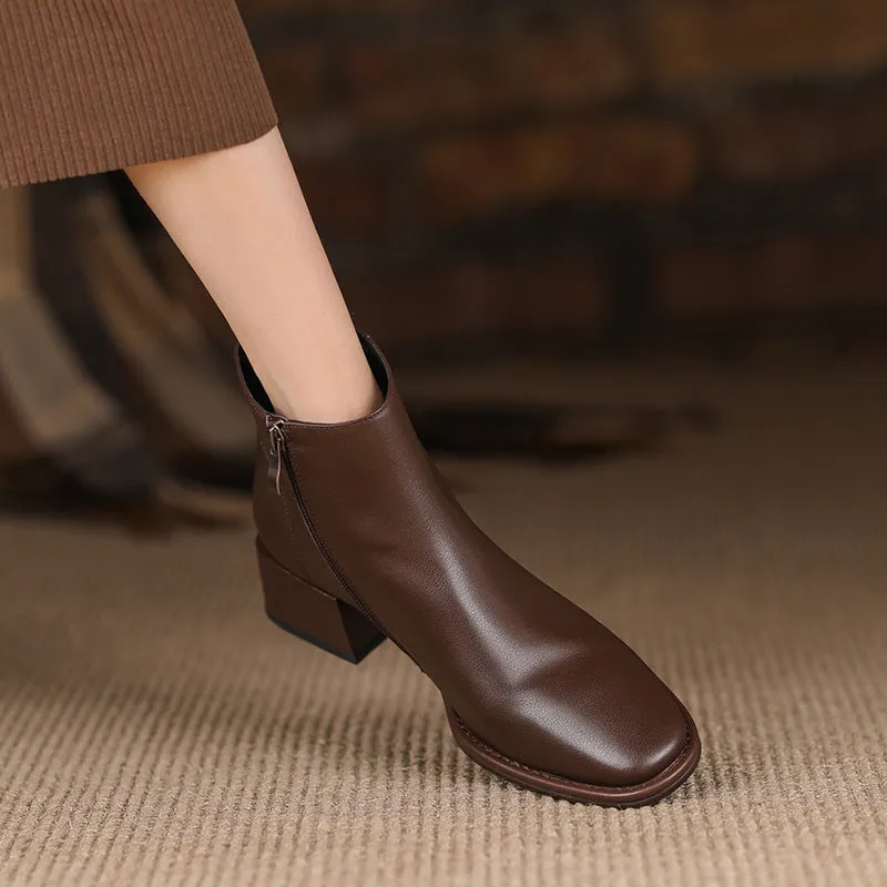 Simple All-match Soft Cowhide Boots Autumn And Winter New Thick Mid Heel Round Toe Brown Ankle Boots For Women