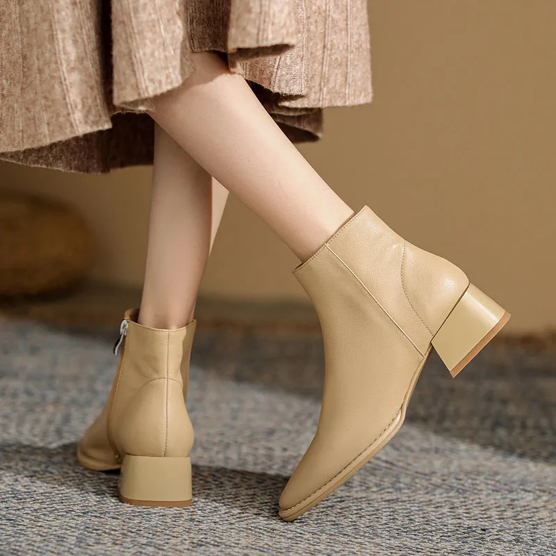 Simple All-match Soft Cowhide Boots Autumn And Winter New Thick Mid Heel Round Toe Brown Ankle Boots For Women