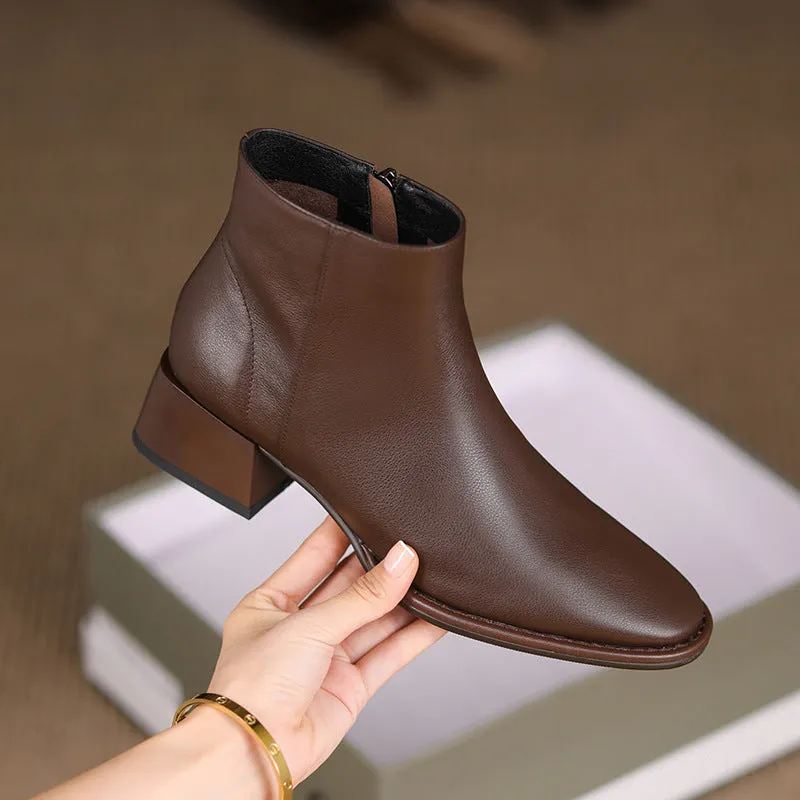 Simple All-match Soft Cowhide Boots Autumn And Winter New Thick Mid Heel Round Toe Brown Ankle Boots For Women