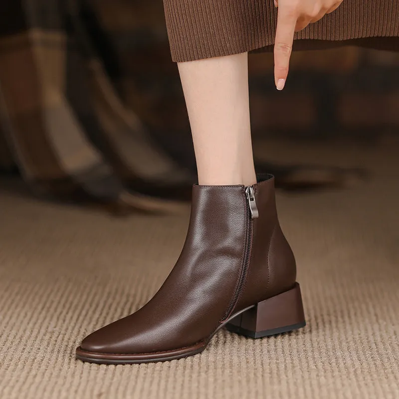 Simple All-match Soft Cowhide Boots Autumn And Winter New Thick Mid Heel Round Toe Brown Ankle Boots For Women