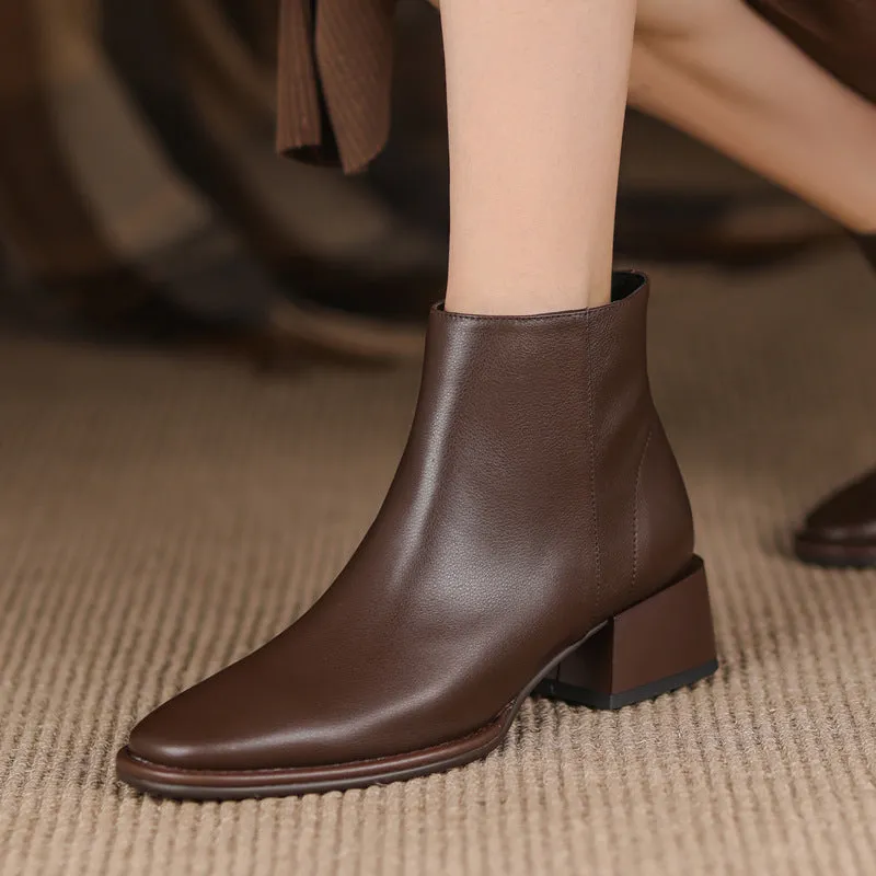 Simple All-match Soft Cowhide Boots Autumn And Winter New Thick Mid Heel Round Toe Brown Ankle Boots For Women