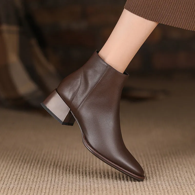 Simple All-match Soft Cowhide Boots Autumn And Winter New Thick Mid Heel Round Toe Brown Ankle Boots For Women