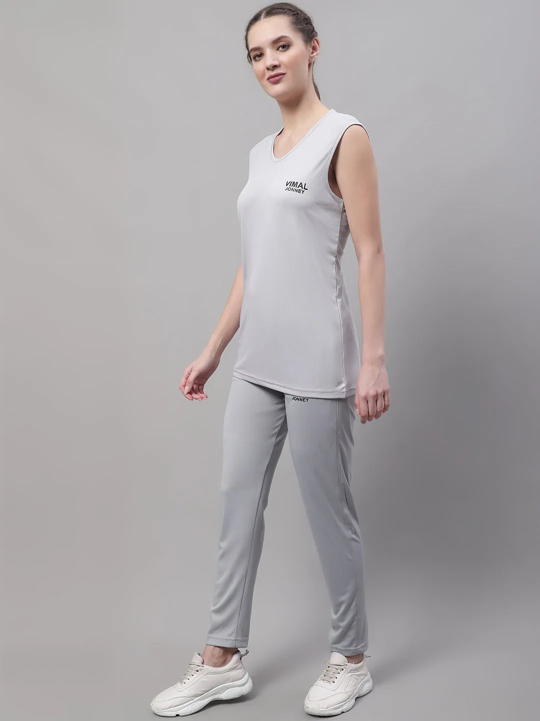 Vimal Jonney Light Grey Dryfit Lycra Solid Co-ord Set Tracksuit For Women