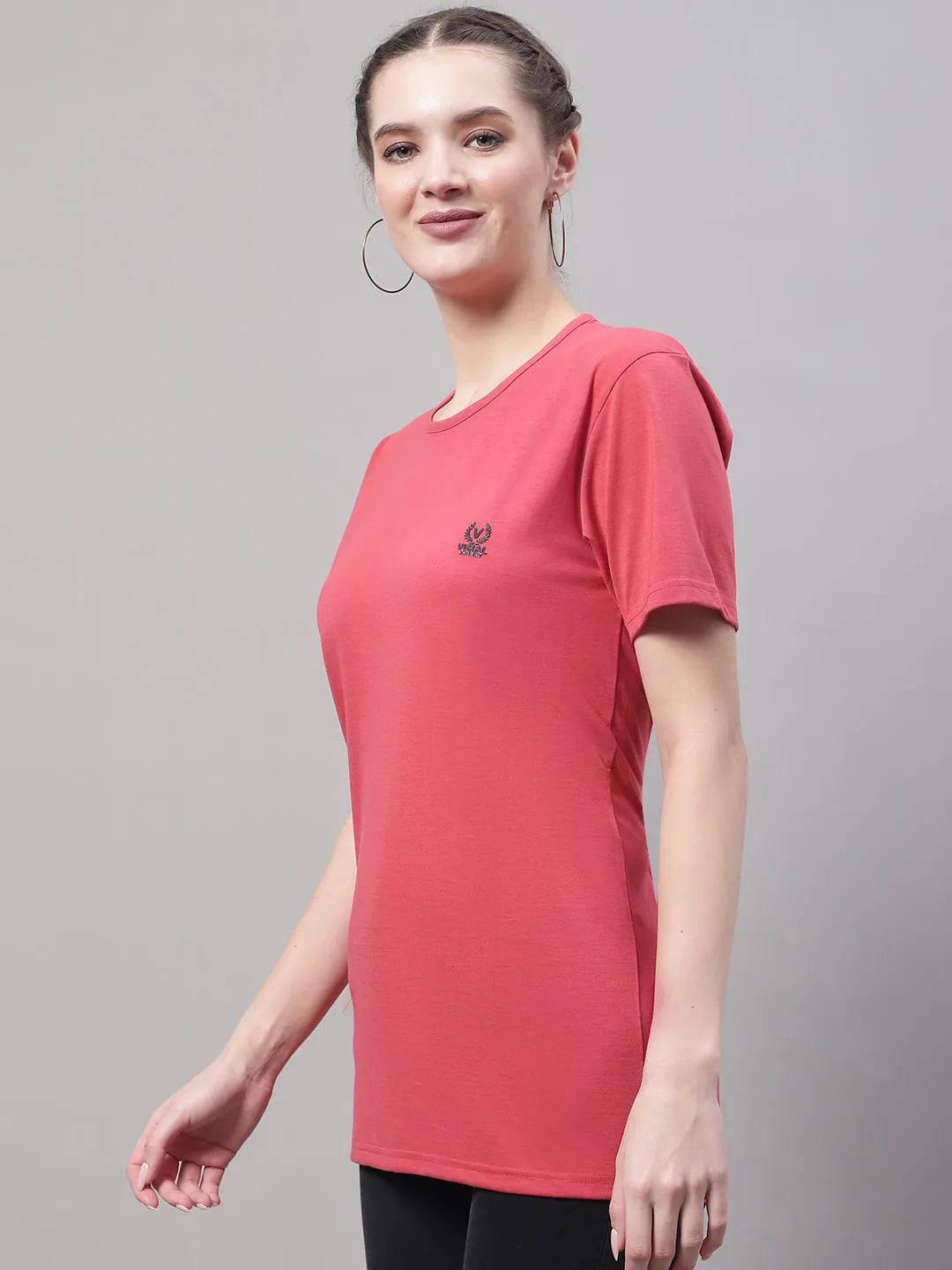 Vimal Jonney Round Neck Cotton Solid Pink T-Shirt for Women