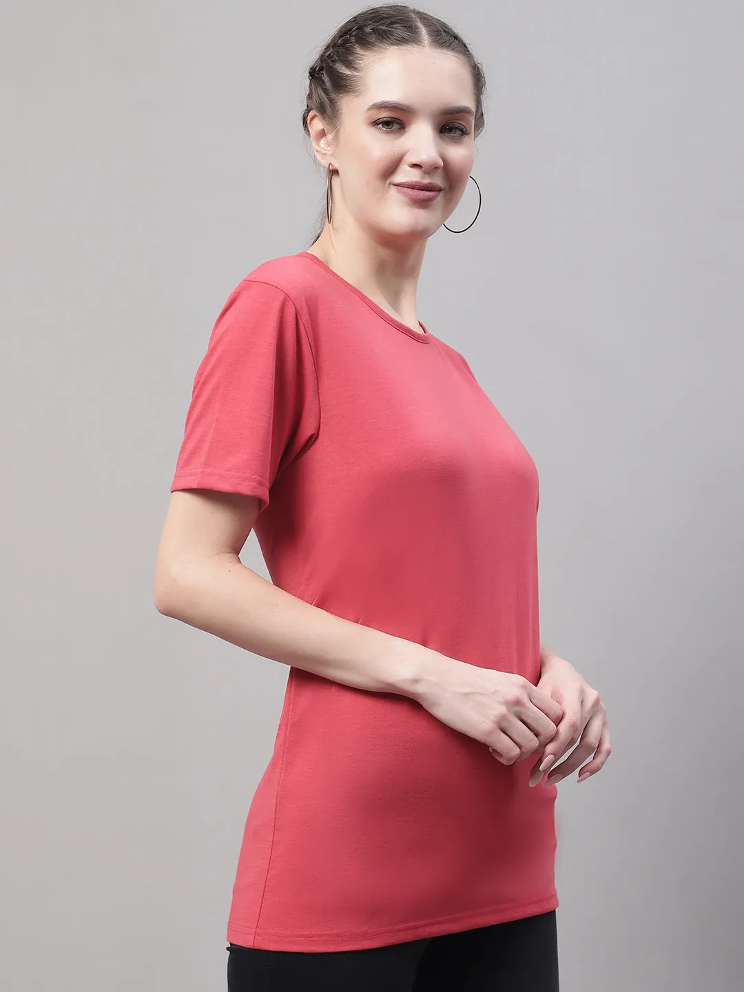 Vimal Jonney Round Neck Cotton Solid Pink T-Shirt for Women