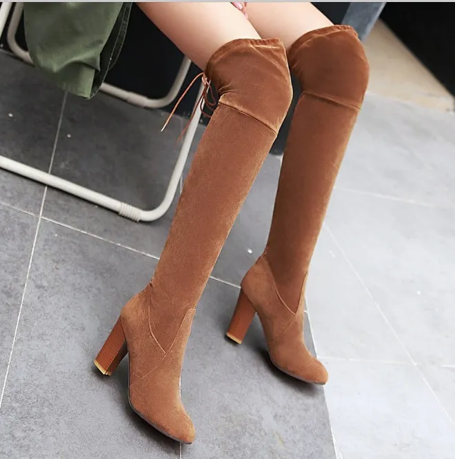 Women's Knee Boots with Stretch Faux Suede